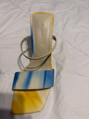 cult gaia blue multi tie-dye leather slide sandals with cream straps